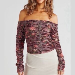 Free People Reina Brown Velvet Ruched Off the Shoulder Boho Top